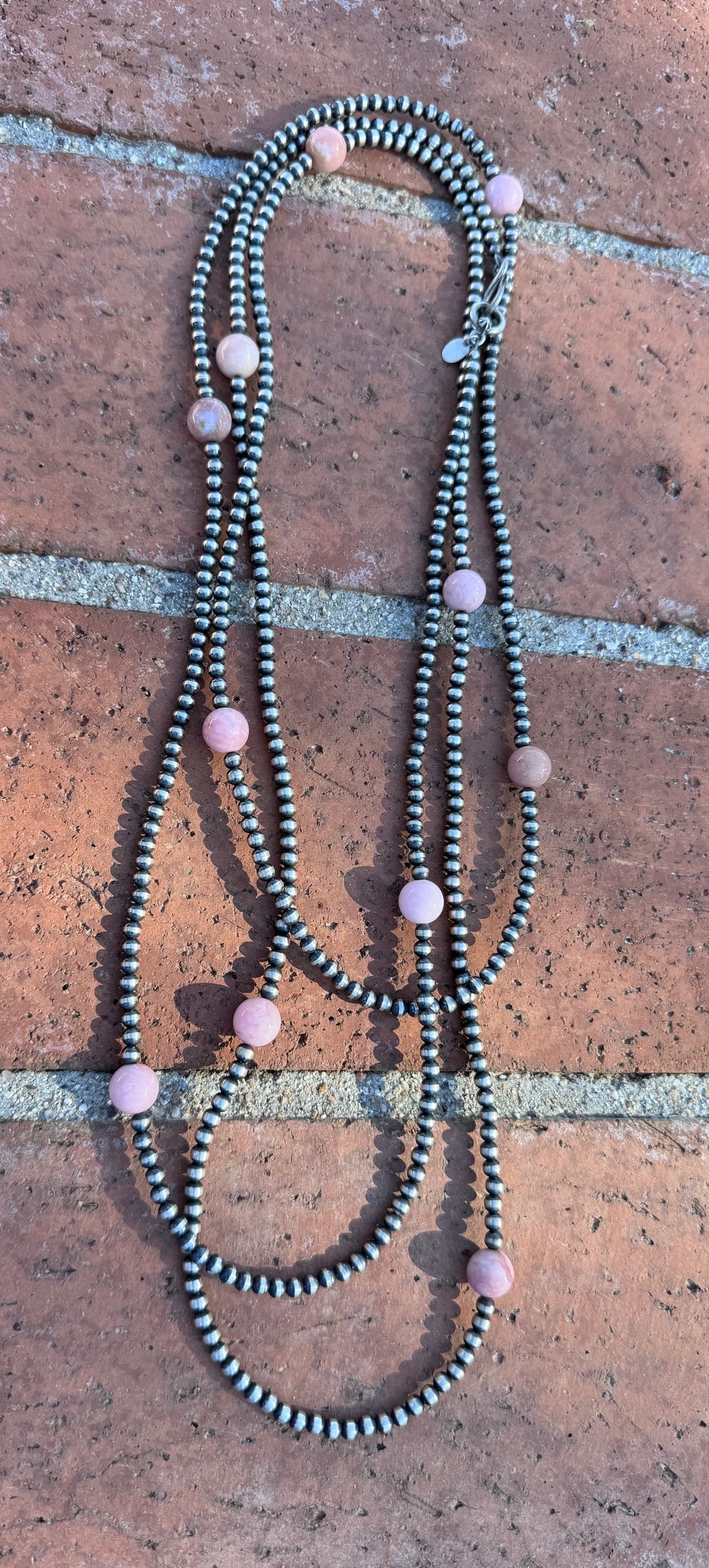 Handcrafted Sterling Silver & Pink Conch 4mm beaded Necklace 72"