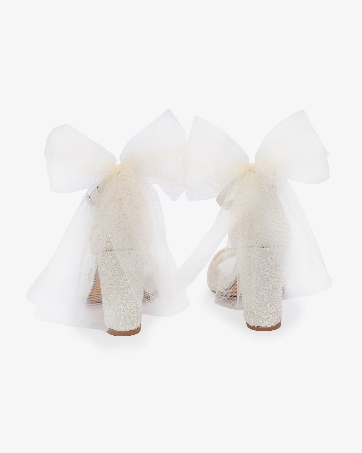 Crochet Lace Block Heel Sandals with Tulle Back Bow