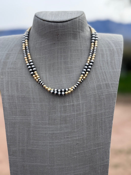 Handcrafted Sterling Silver & Gold Overlay 4-6mm Beaded Necklace