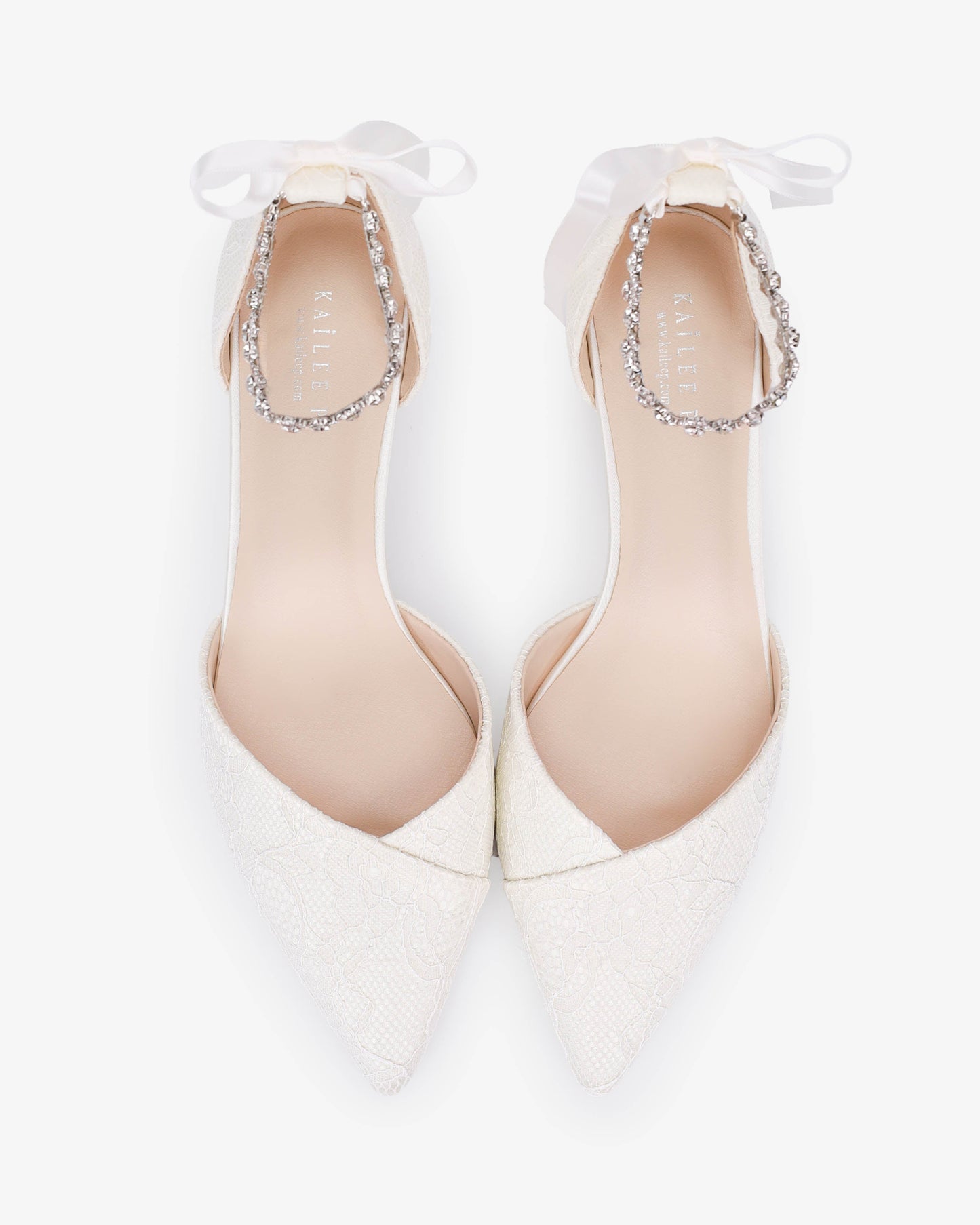 Lace Pointy Toe Low Block Heels Wedding Shoes with Amaryllis Strap