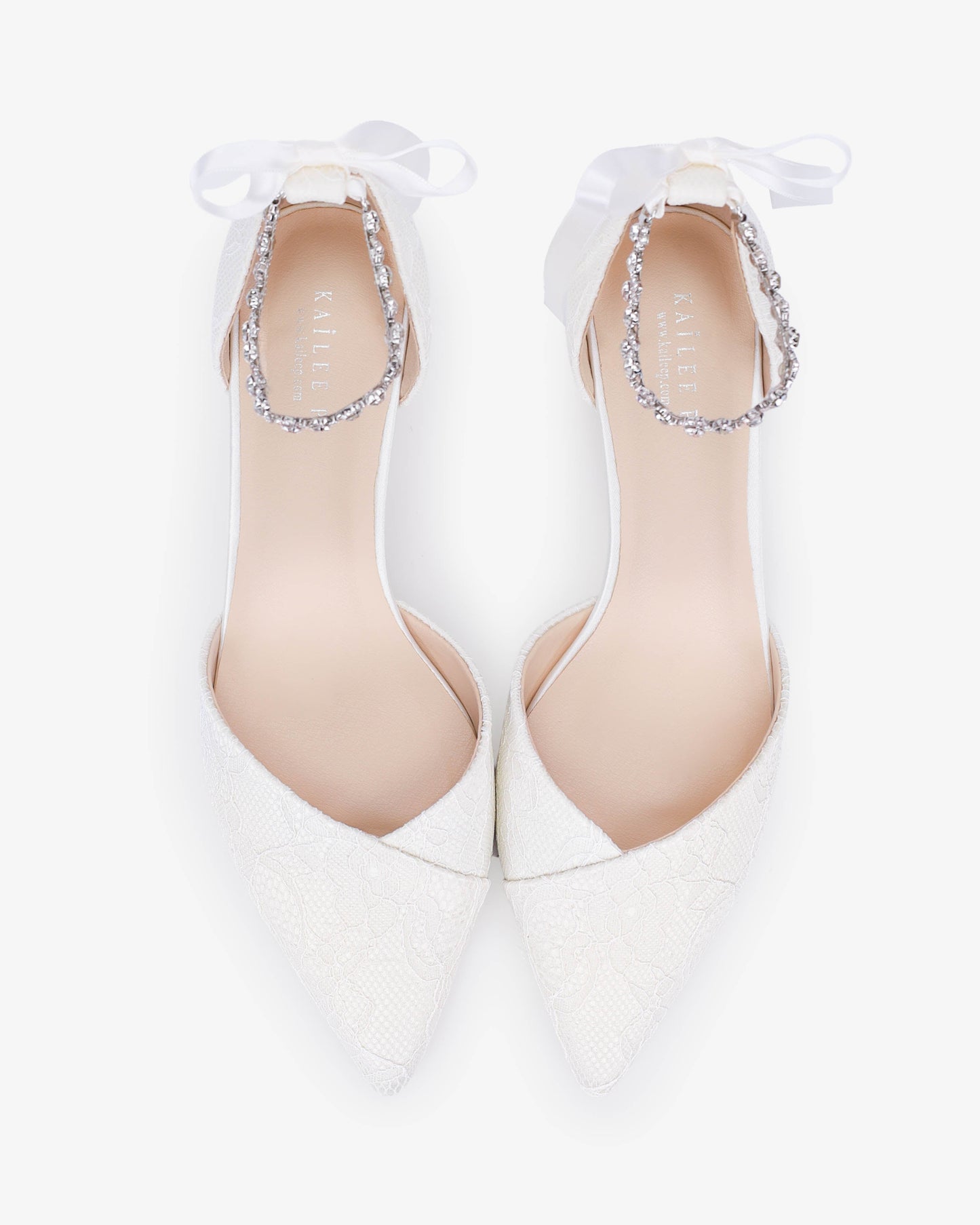 Lace Pointy Toe Low Block Heels Wedding Shoes with Amaryllis Strap