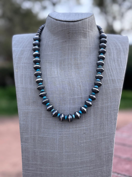 Handcrafted Kingman Turquoise & Sterling Silver Saucer Pearls 6-12mm  Beaded Necklace 22"