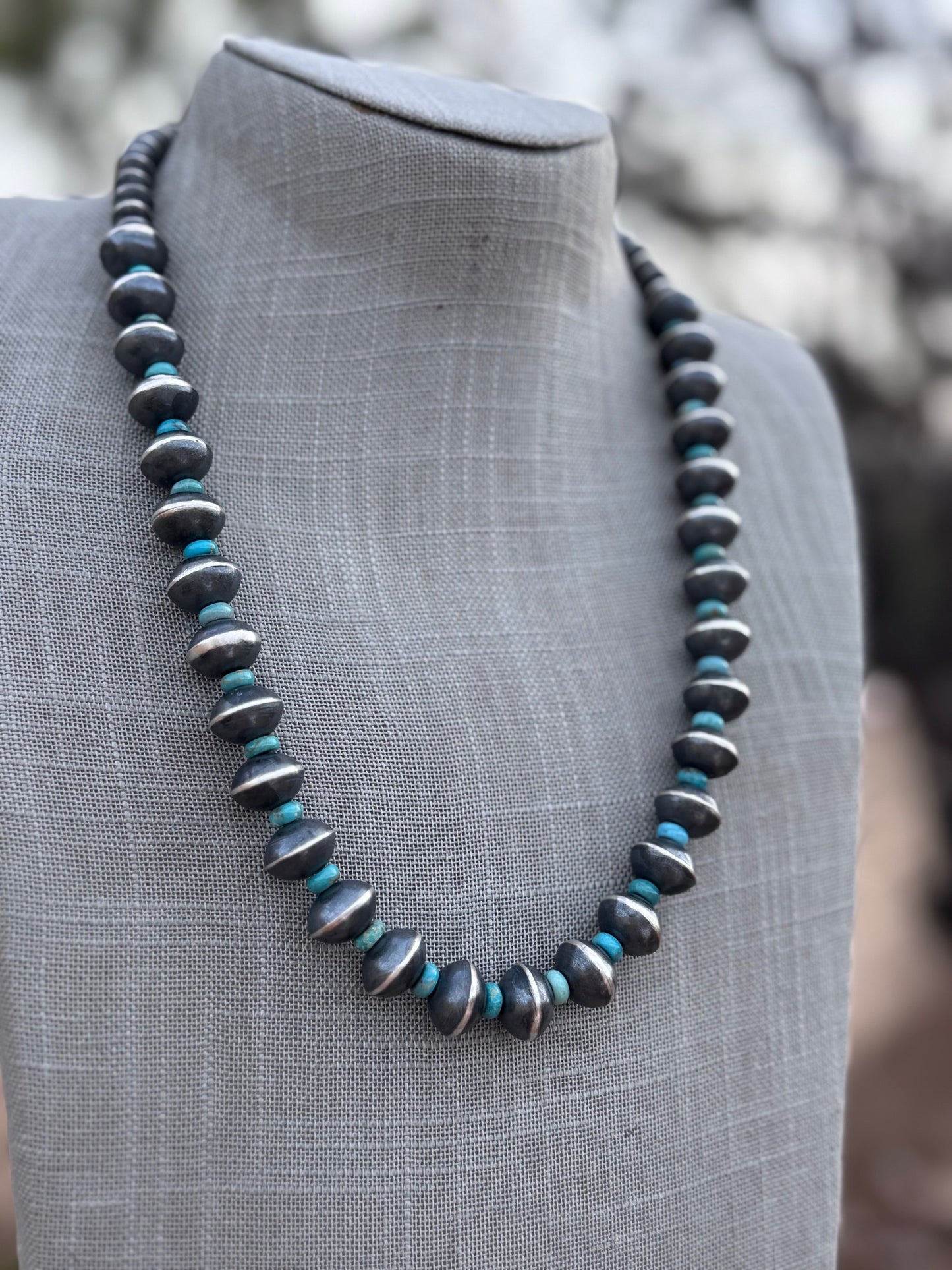 Handcrafted Kingman Turquoise & Sterling Silver Saucer Pearls 6-12mm  Beaded Necklace 22"