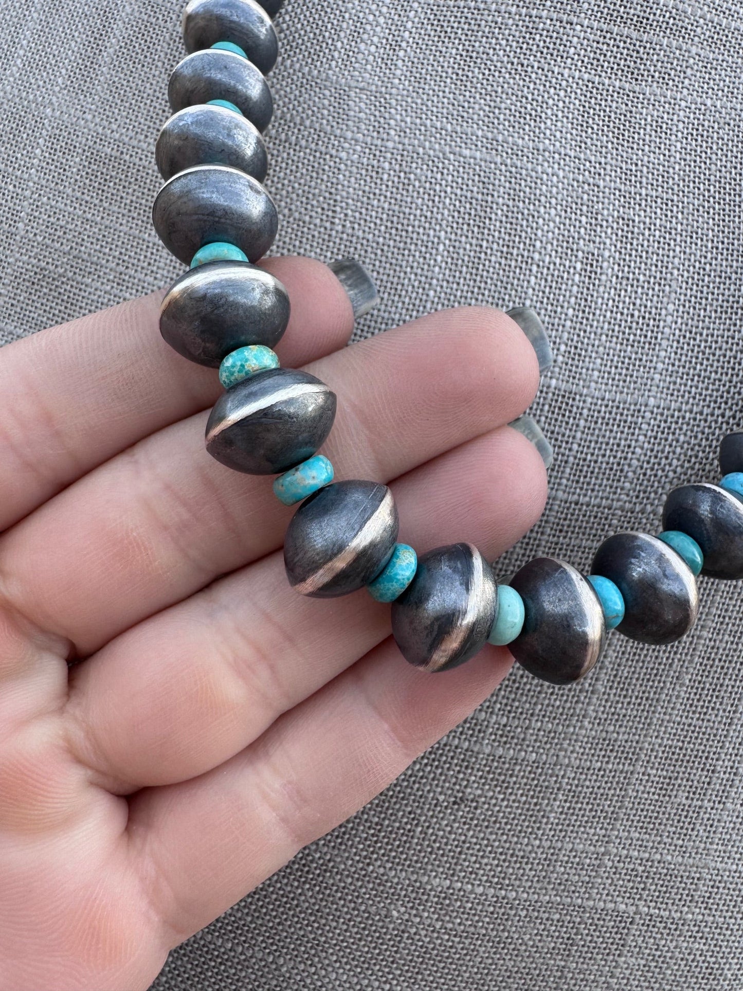 Handcrafted Kingman Turquoise & Sterling Silver Saucer Pearls 6-12mm  Beaded Necklace 22"
