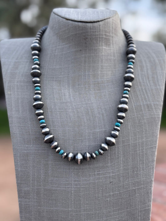 Handcrafted Kingman Turquoise & Sterling Silver Saucer Pearls 6-12mm  Beaded Necklace 22"