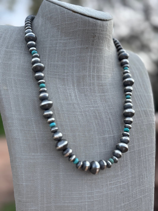 Handcrafted Kingman Turquoise & Sterling Silver Saucer Pearls 6-12mm  Beaded Necklace 22"