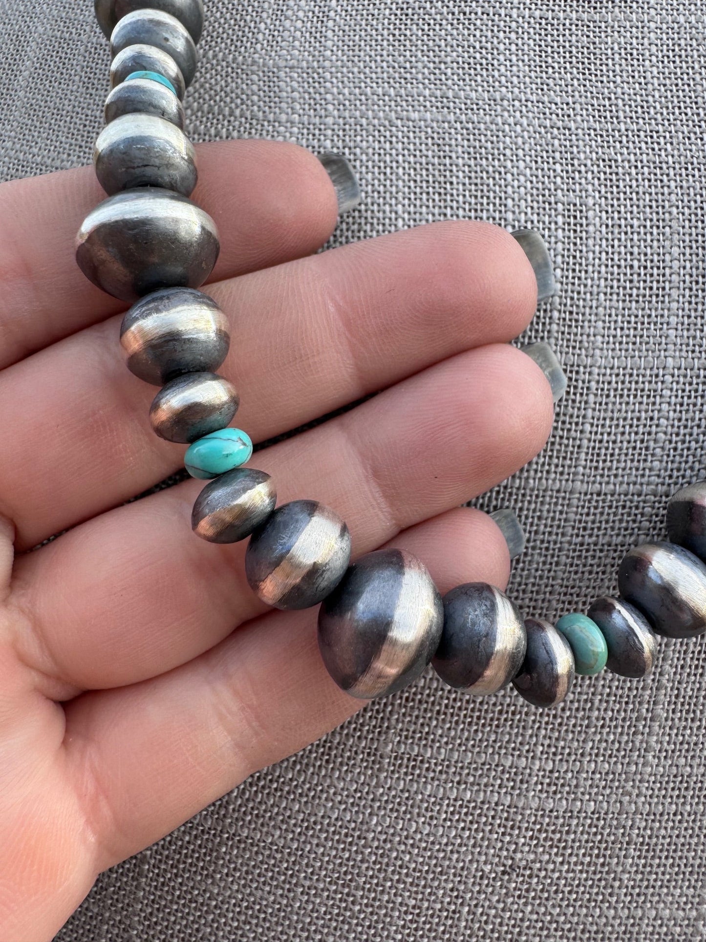 Handcrafted Kingman Turquoise & Sterling Silver Saucer Pearls 6-12mm  Beaded Necklace 22"