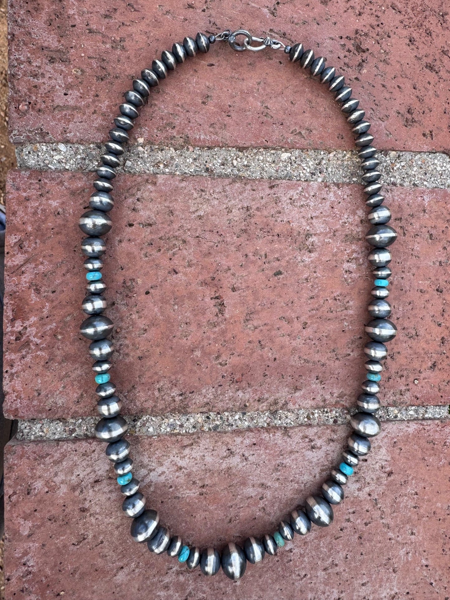 Handcrafted Kingman Turquoise & Sterling Silver Saucer Pearls 6-12mm  Beaded Necklace 22"