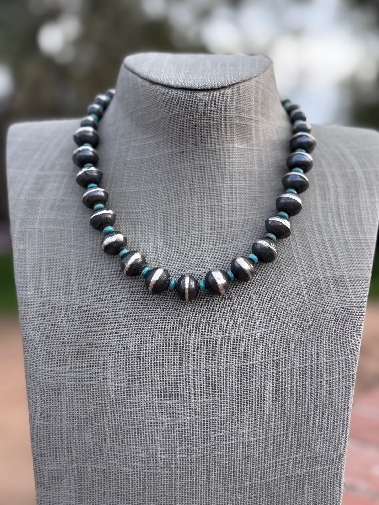 Handcrafted Kingman Turquoise & Sterling Silver Saucer Pearls 8-12mm  Beaded Necklace 18"