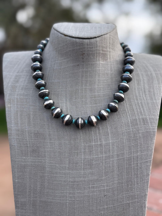 Handcrafted Kingman Turquoise & Sterling Silver Saucer Pearls 8-12mm  Beaded Necklace 18"