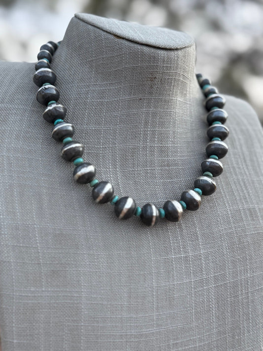Handcrafted Kingman Turquoise & Sterling Silver Saucer Pearls 8-12mm  Beaded Necklace 18"