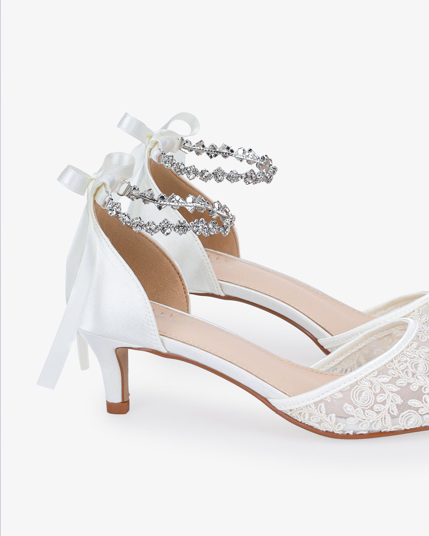 Crochet Lace Pointy Toe Wedding Kitten Low Heel with Amaryllis Strap