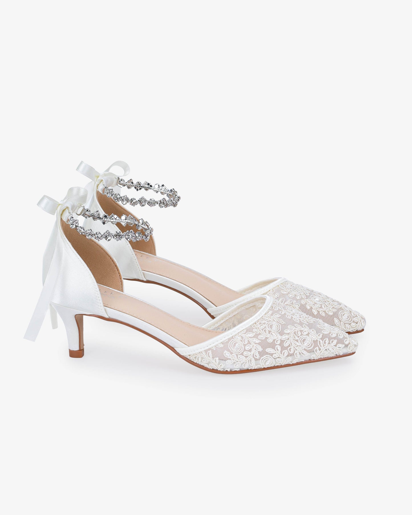 Crochet Lace Pointy Toe Wedding Kitten Low Heel with Amaryllis Strap