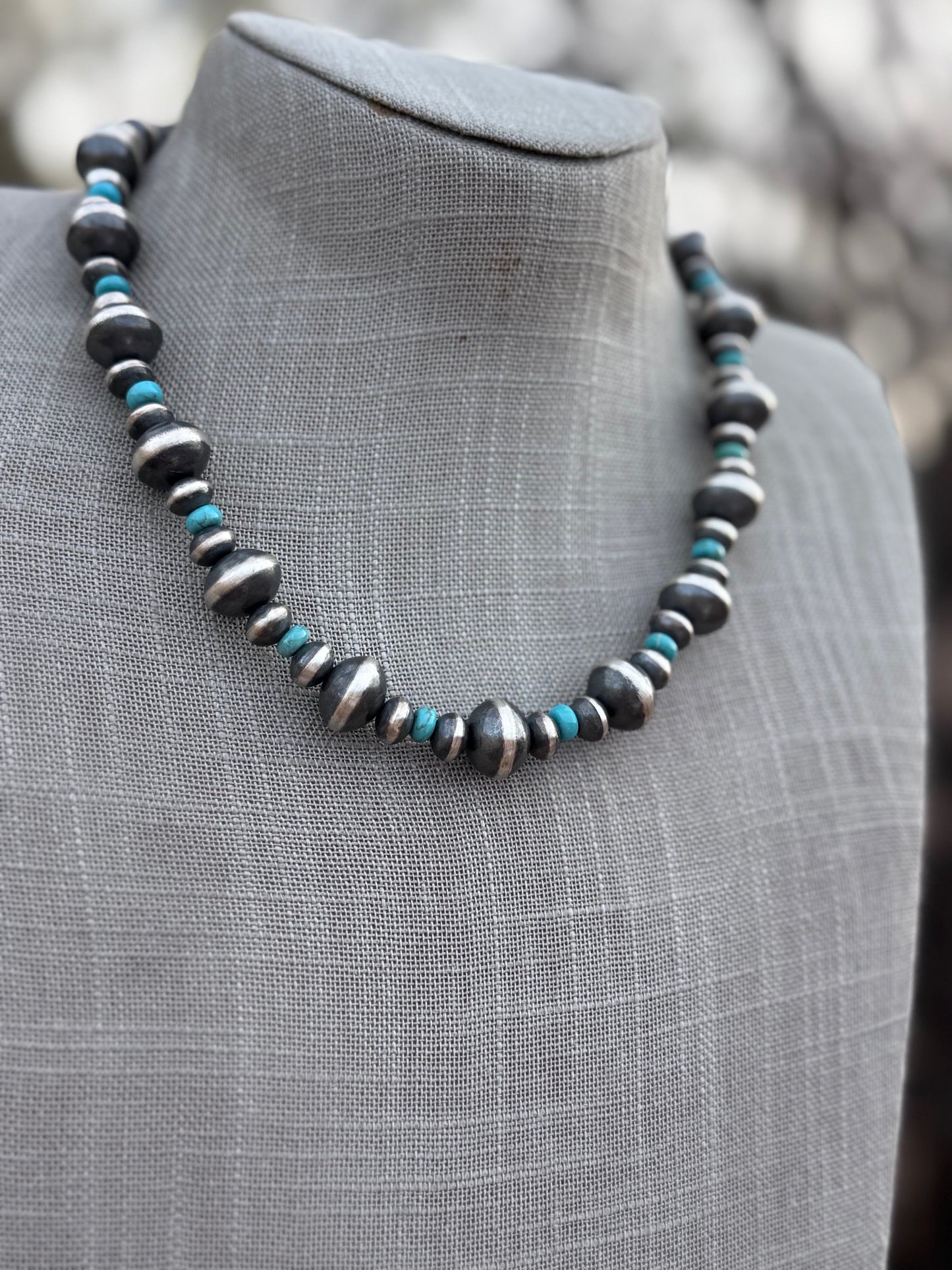 Handcrafted Kingman Turquoise & Sterling Silver Saucer Pearls 8-12mm  Beaded Necklace 18"