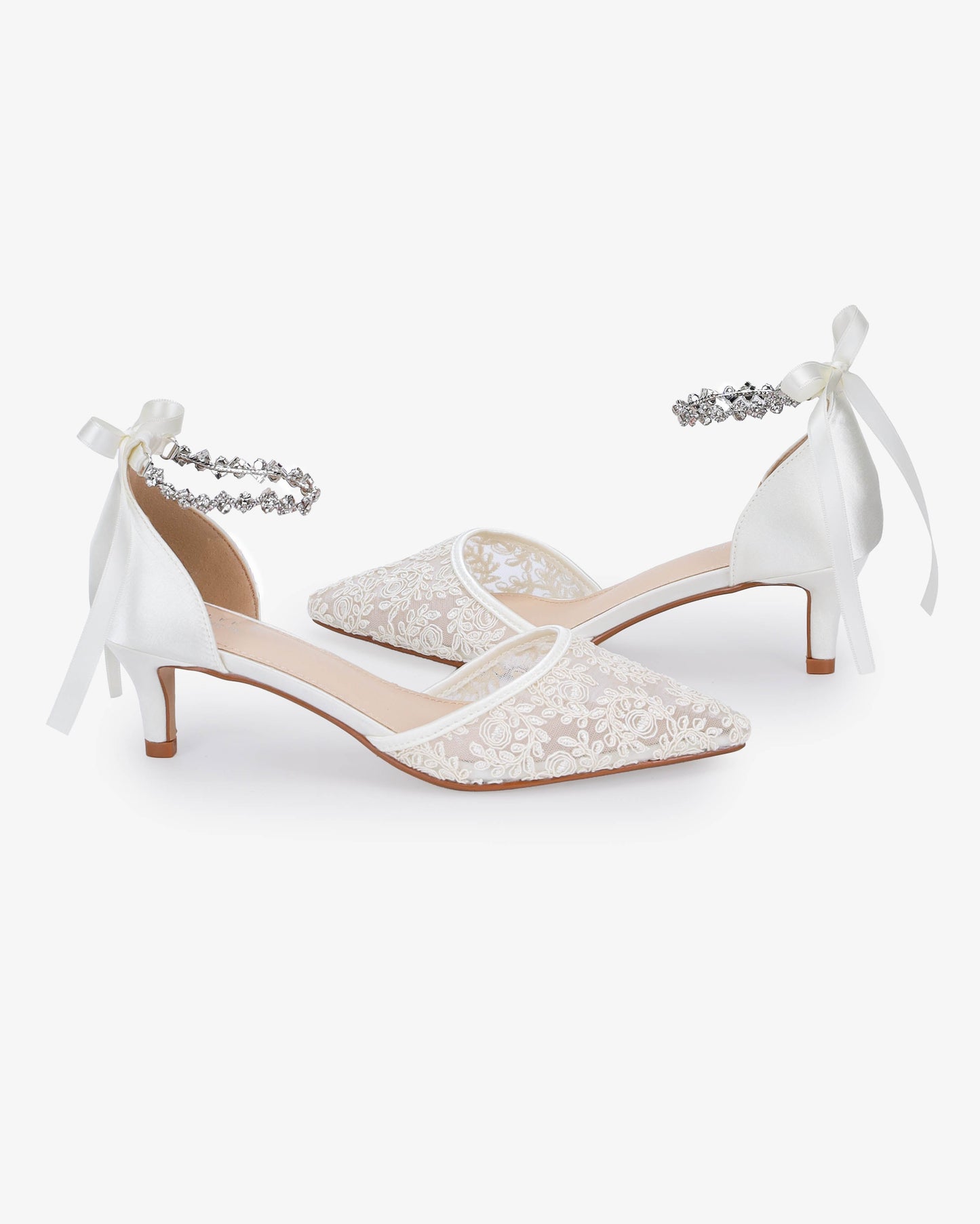 Crochet Lace Pointy Toe Wedding Kitten Low Heel with Amaryllis Strap