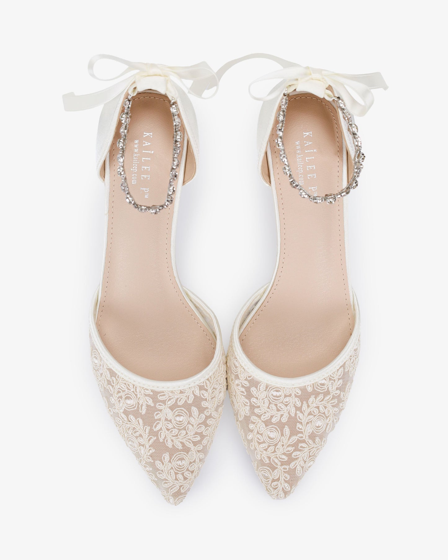 Crochet Lace Pointy Toe Wedding Kitten Low Heel with Amaryllis Strap