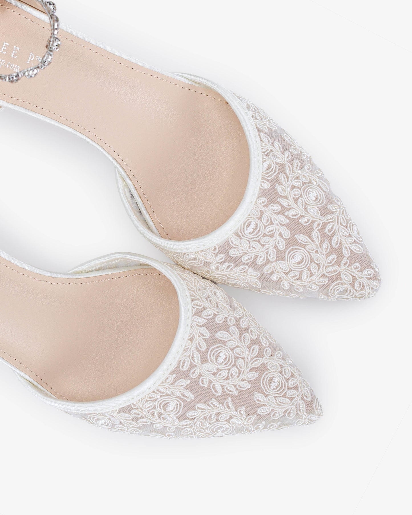 Crochet Lace Pointy Toe Wedding Kitten Low Heel with Amaryllis Strap