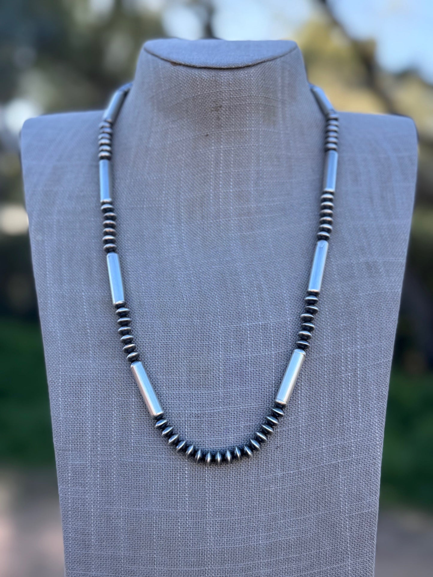 Handcrafted Sterling Silver Barrel & Saucer Beaded Necklace 24"