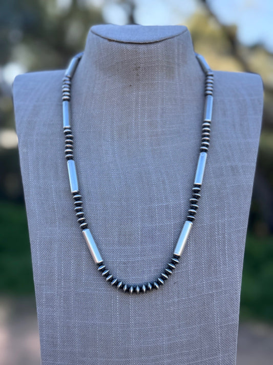 Handcrafted Sterling Silver Barrel & Saucer Beaded Necklace 24"