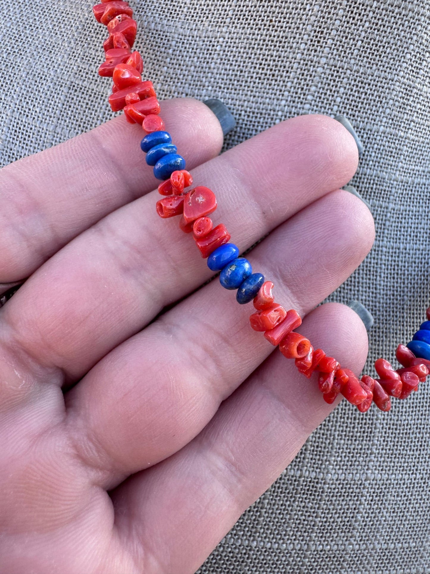 Handcrafted Coral, Lapis & Sterling Beaded Necklace 18"