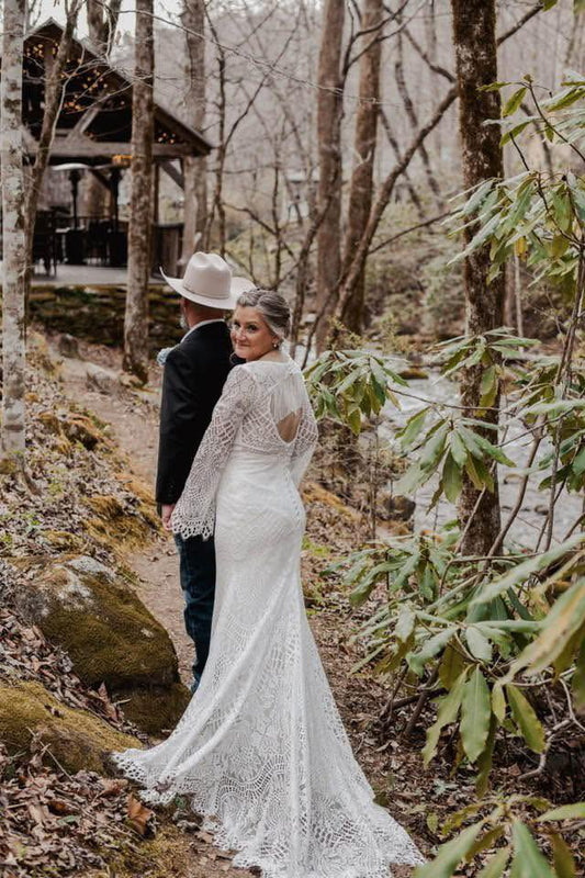 The Jolene Gown– Custom Boho Lace Western Wedding Dress with Bell Sleeves