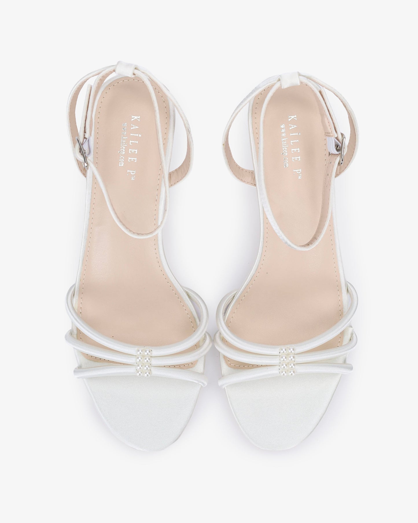 Satin Strappy Kitten Heel Wedding Sandals with Pearls Accents