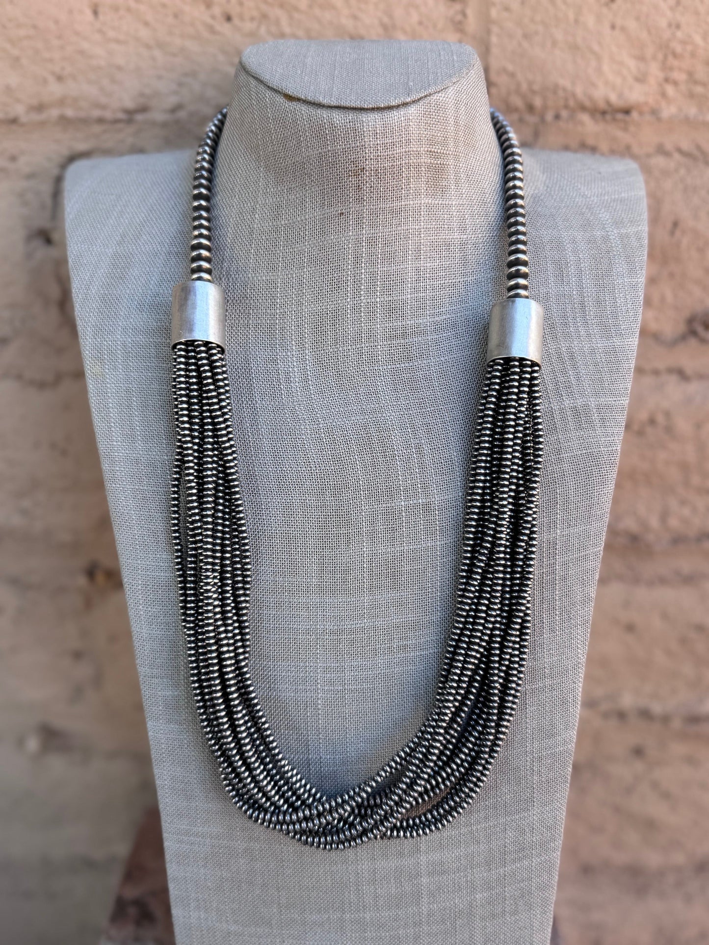 Handcrafted Saucer Pearl Sterling Silver Multi Strand Beaded Necklace 28"