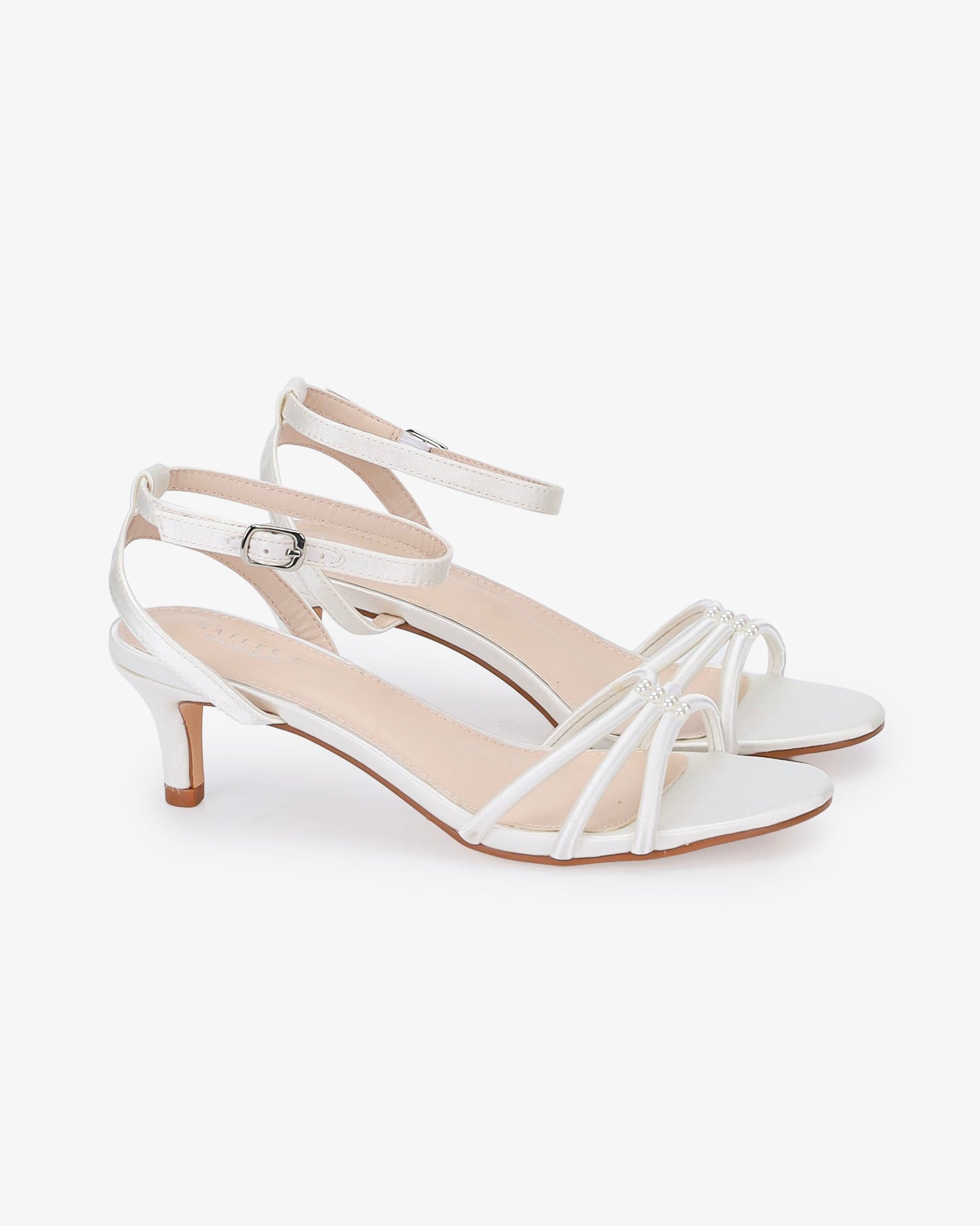 Satin Strappy Kitten Heel Wedding Sandals with Pearls Accents