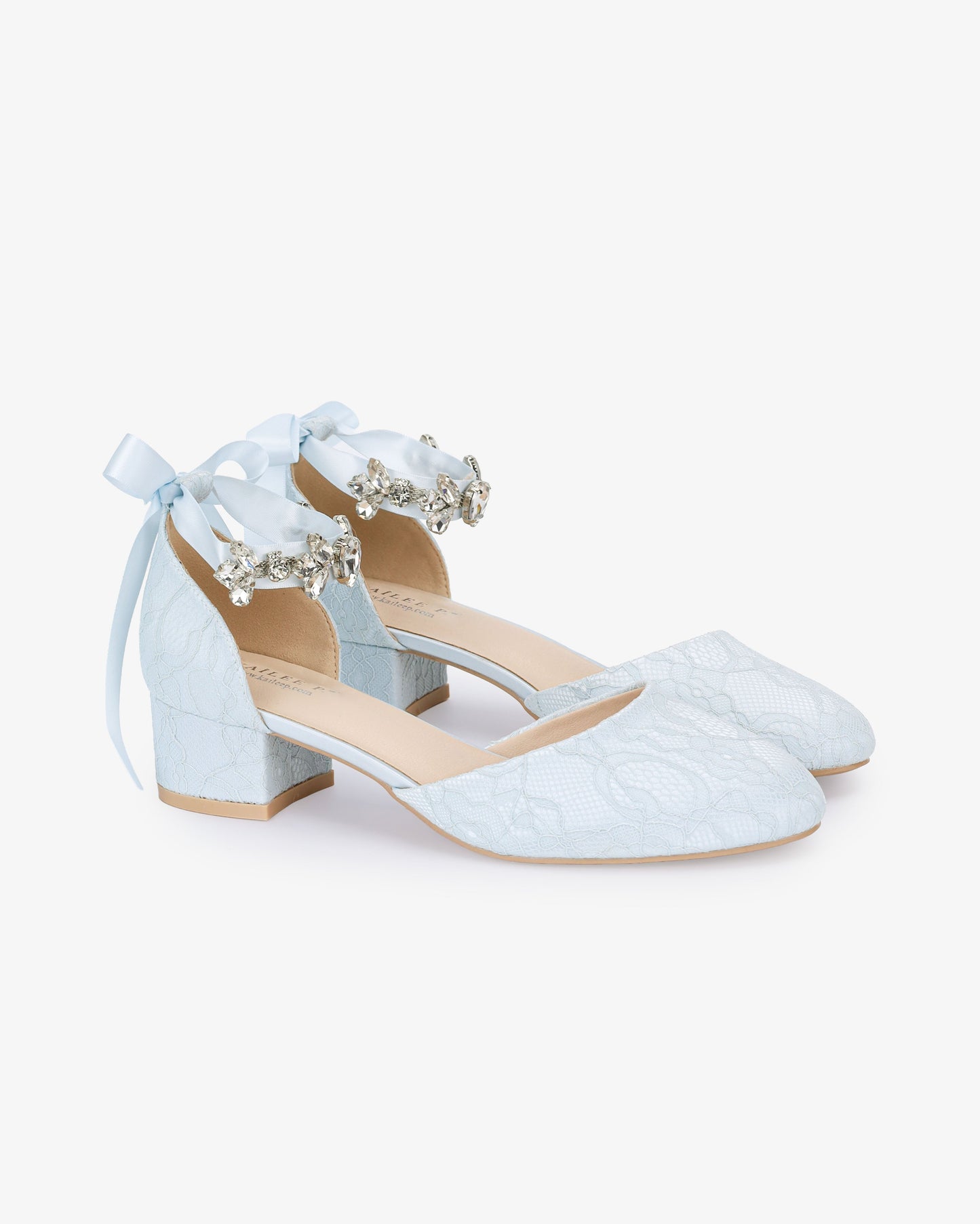 Lace Round Toe Low Block Heel Wedding Shoes with Navette Cluster Rhinestones Strap