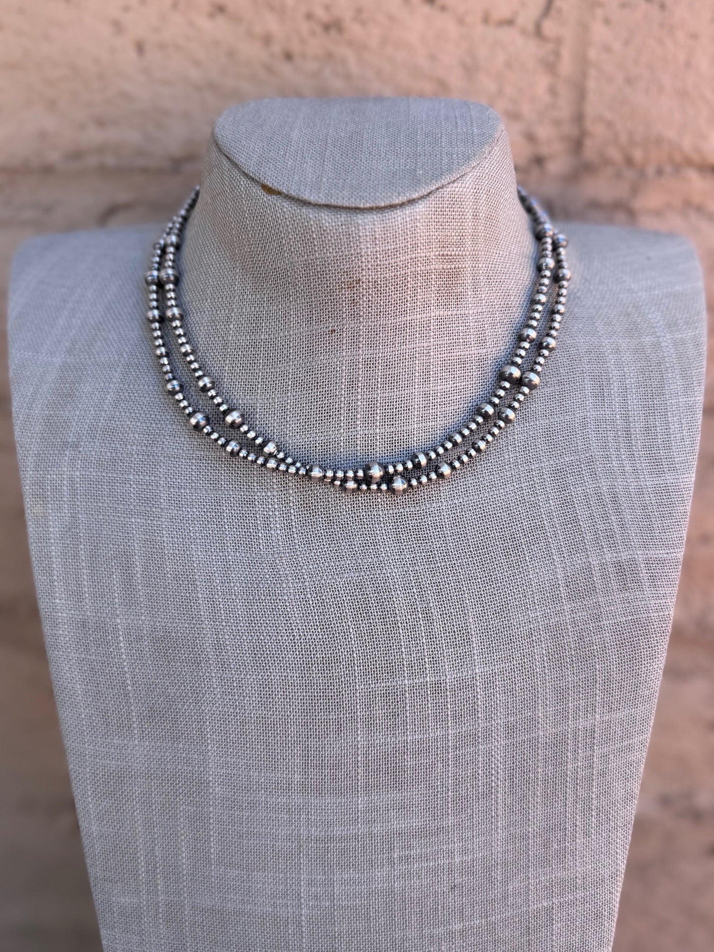 Handcrafted Sterling Silver Pearl Double Strand 3-5mm Beaded Necklace 16"