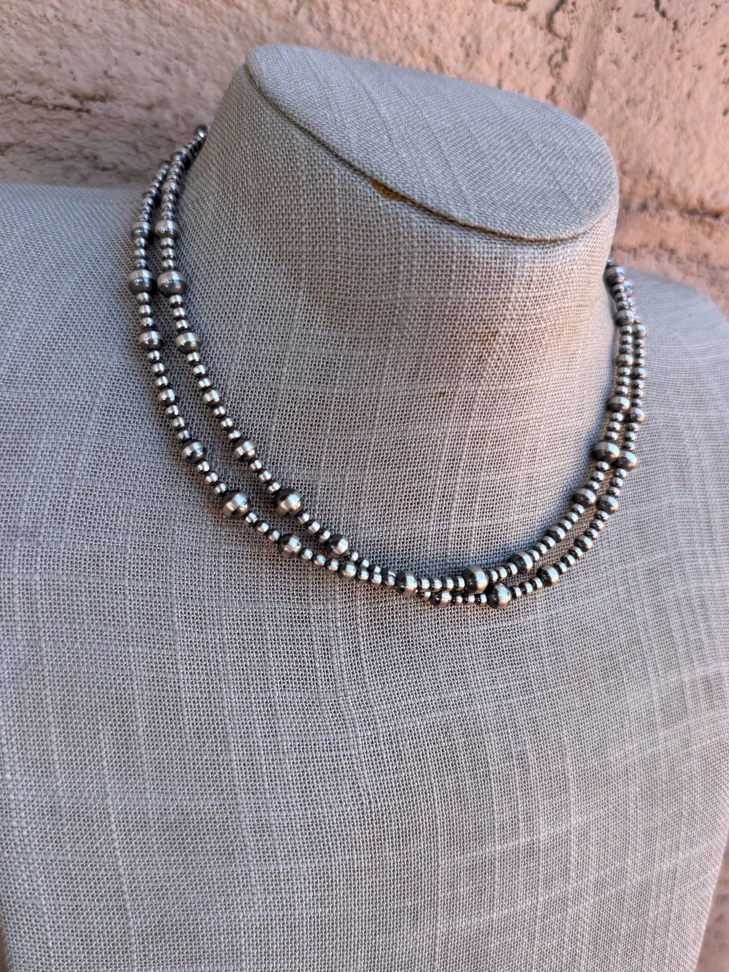 Handcrafted Sterling Silver Pearl Double Strand 3-5mm Beaded Necklace 16"