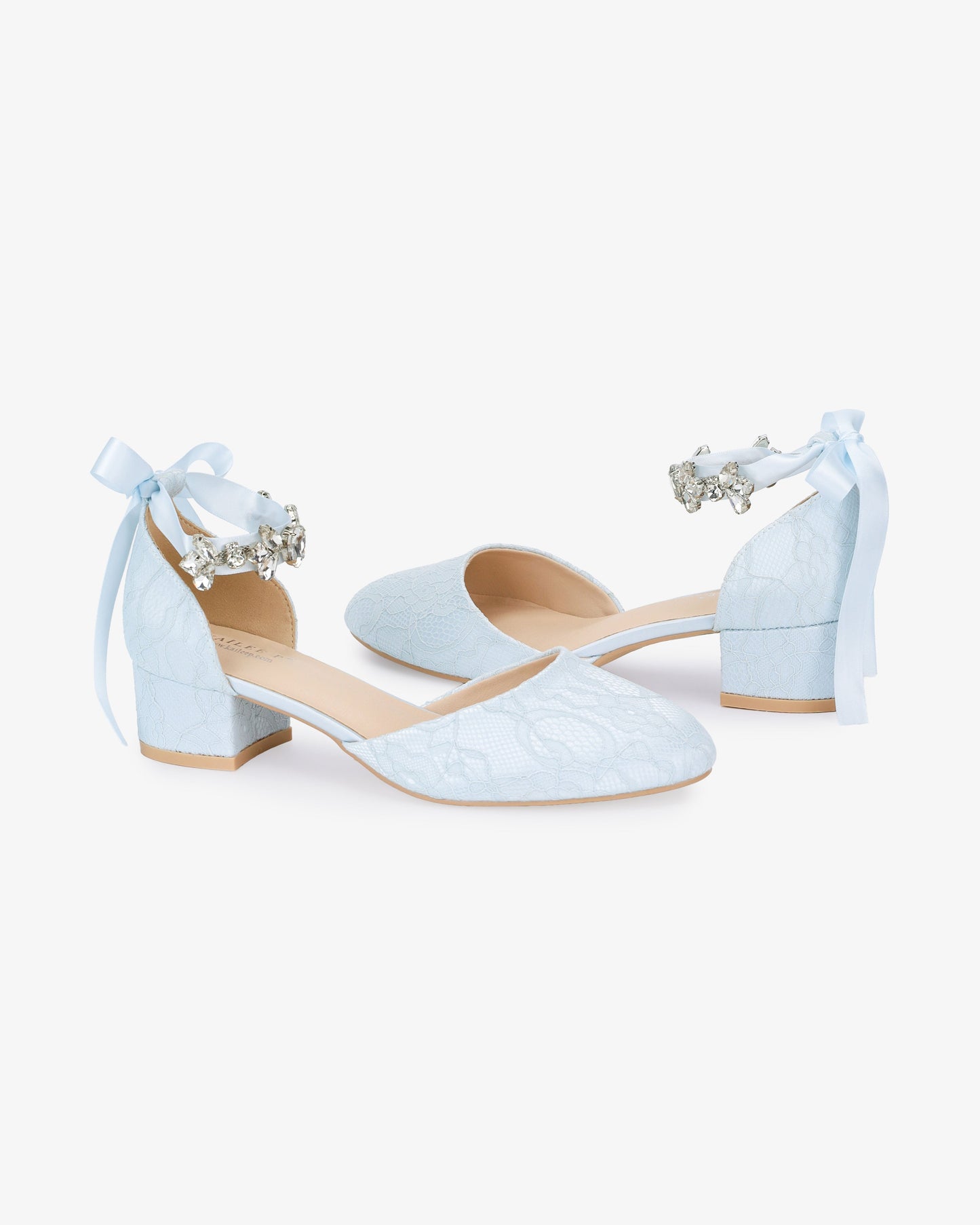 Lace Round Toe Low Block Heel Wedding Shoes with Navette Cluster Rhinestones Strap