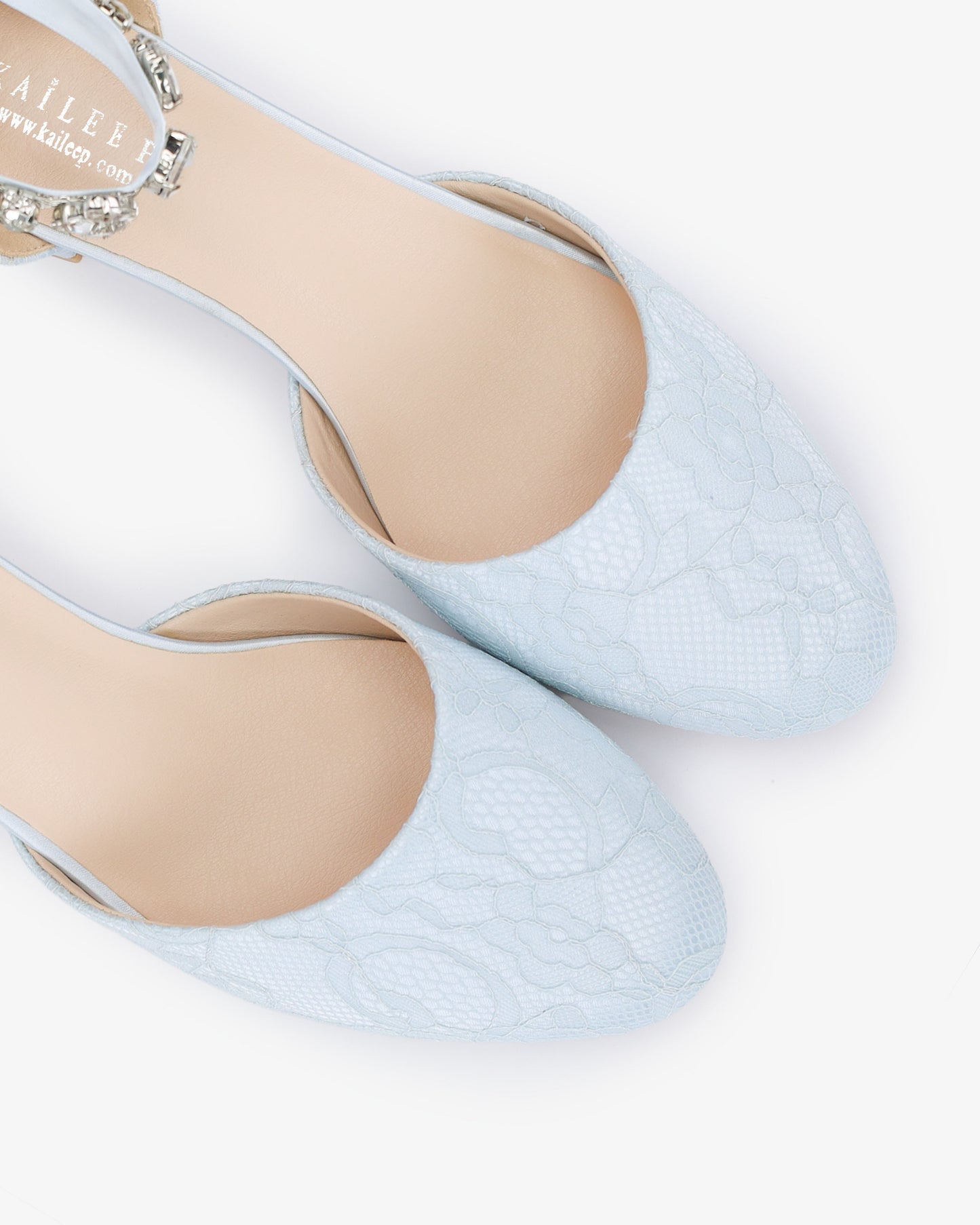 Lace Round Toe Low Block Heel Wedding Shoes with Navette Cluster Rhinestones Strap