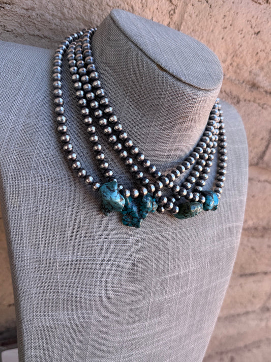 Handcrafted Chunky Kingman Turquoise And Sterling Silver 6mm Beaded Necklace 16"