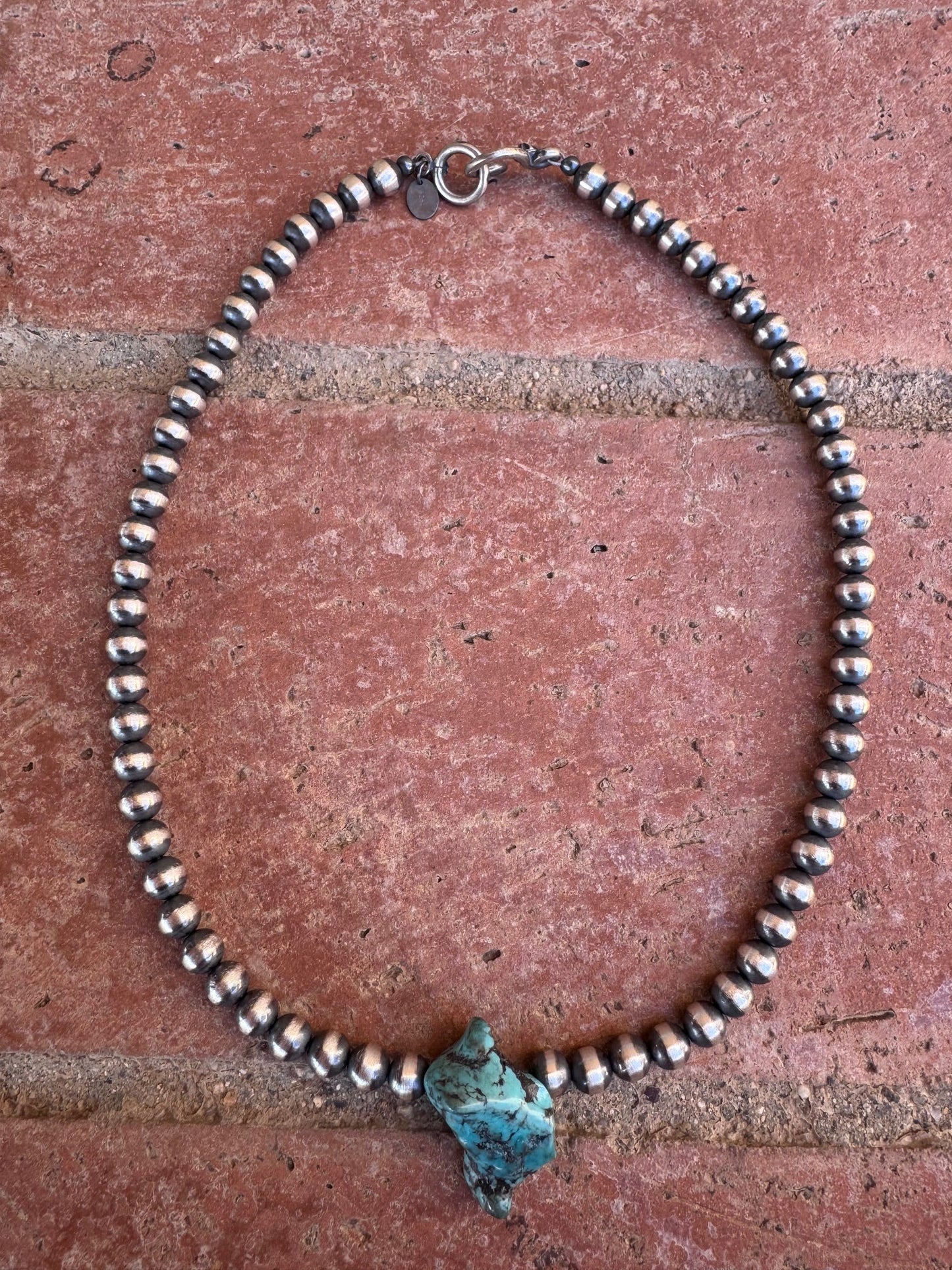 Handcrafted Chunky Kingman Turquoise And Sterling Silver 6mm Beaded Necklace 16"