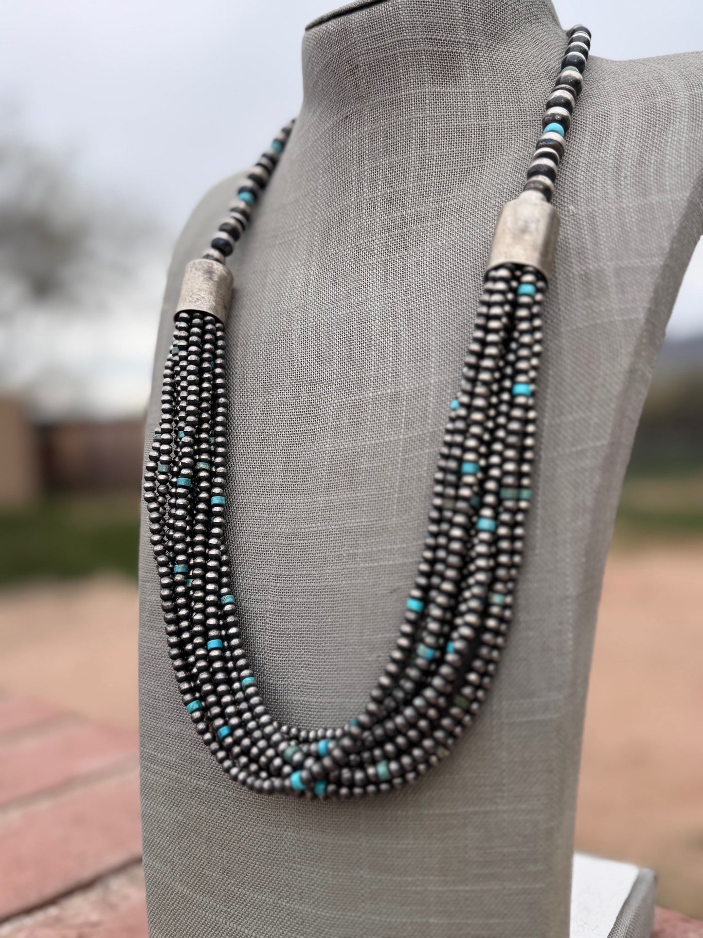 Handcrafted Turquoise & Sterling Silver Pearl 4mm-10mm 12 Strand Necklace 28"