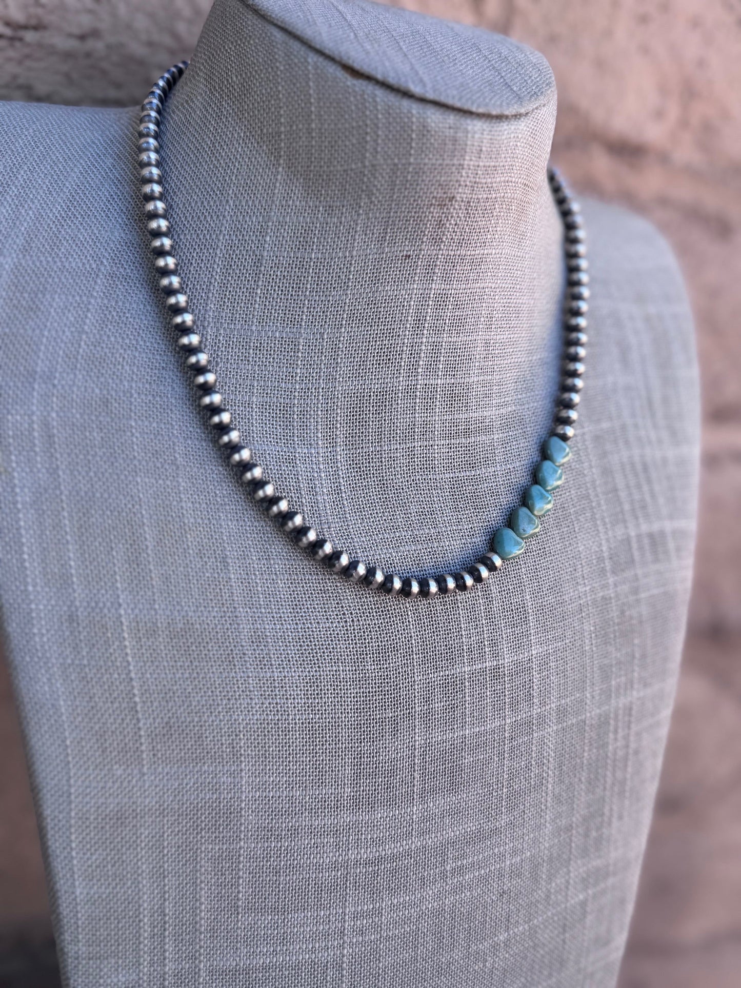 Handcrafted Kingman Turquoise & Sterling Silver Heart 5mm Beaded Necklace 18"