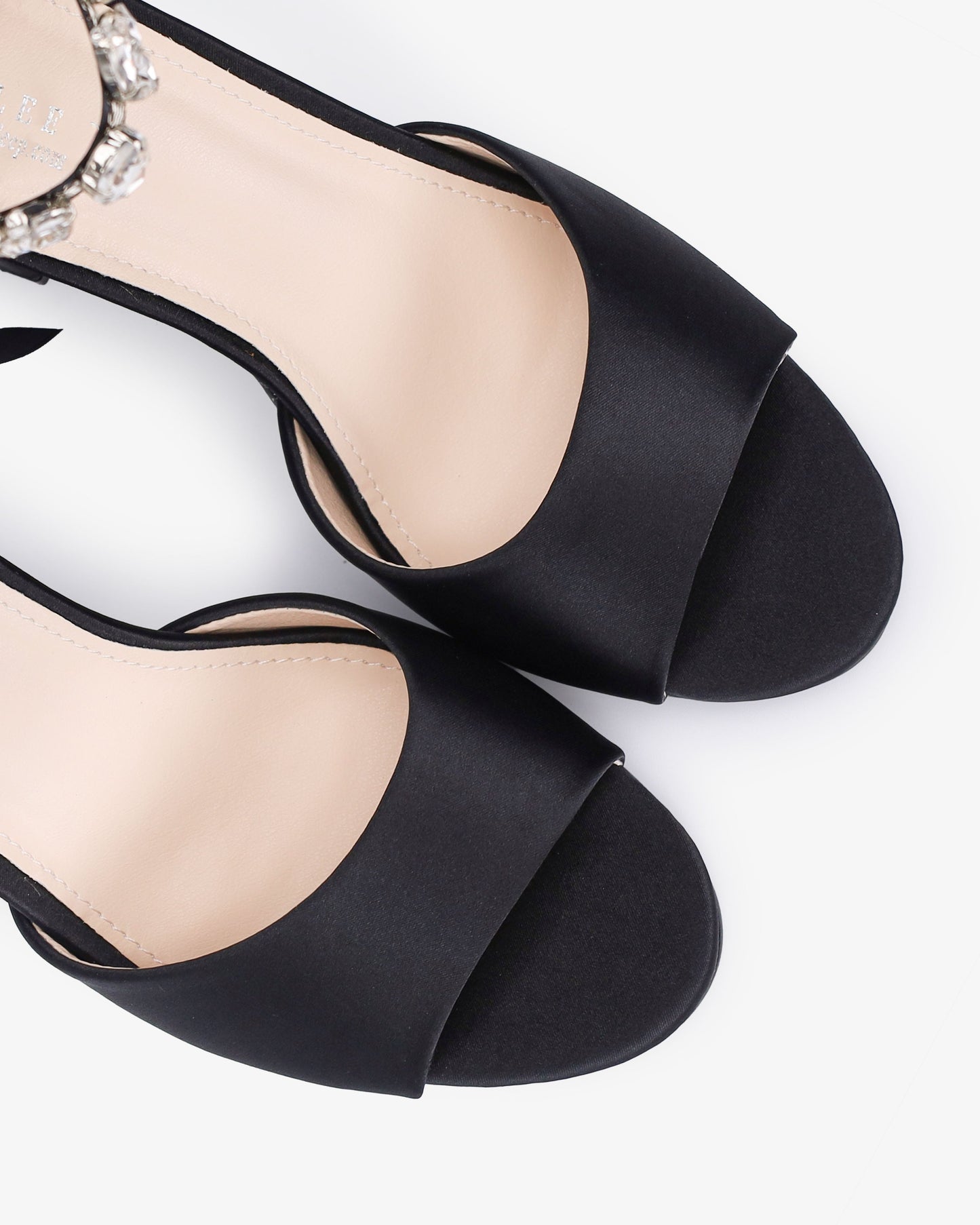 Satin Block Heel Evening Sandals with Navette Cluster Rhinestones Strap