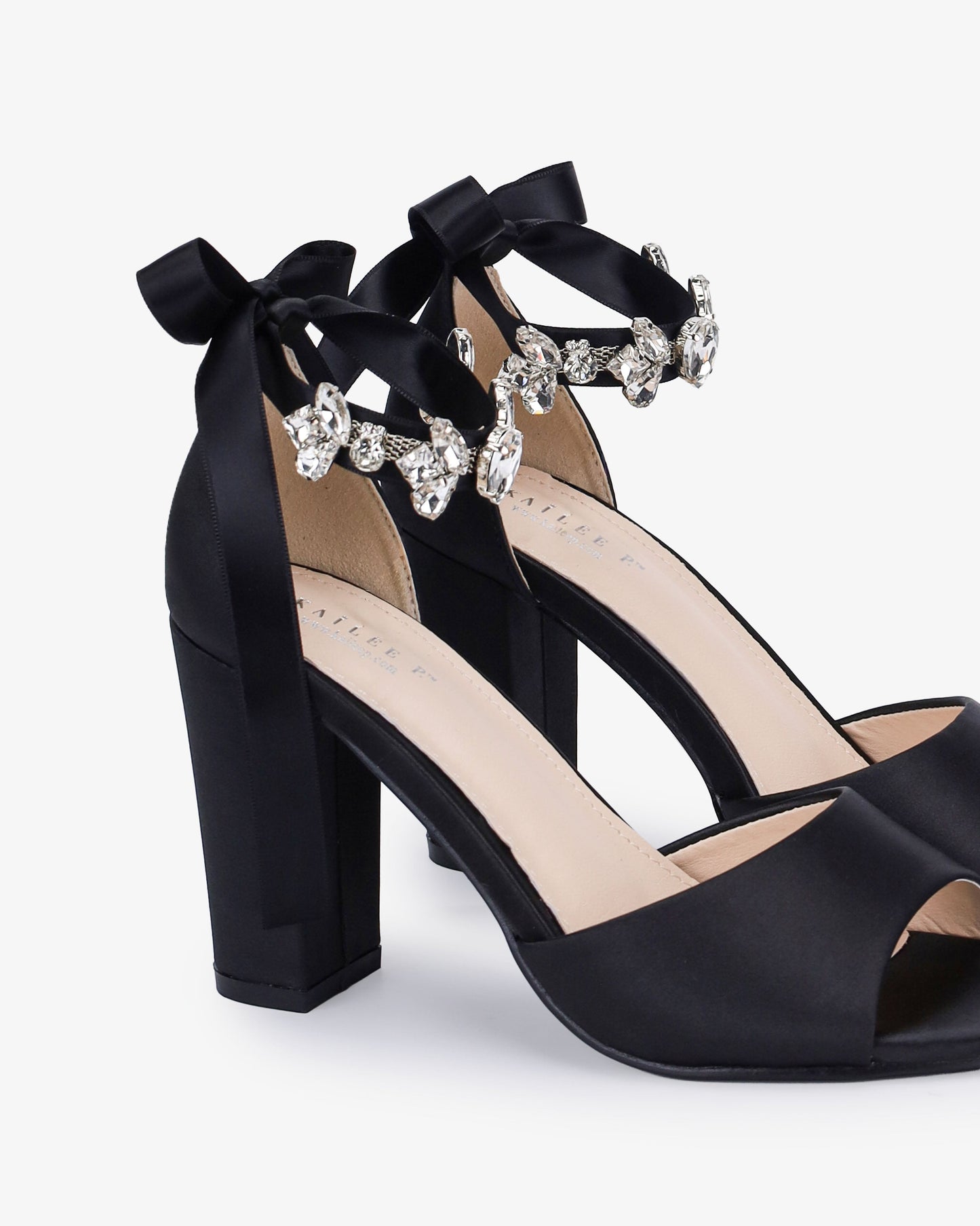 Satin Block Heel Evening Sandals with Navette Cluster Rhinestones Strap