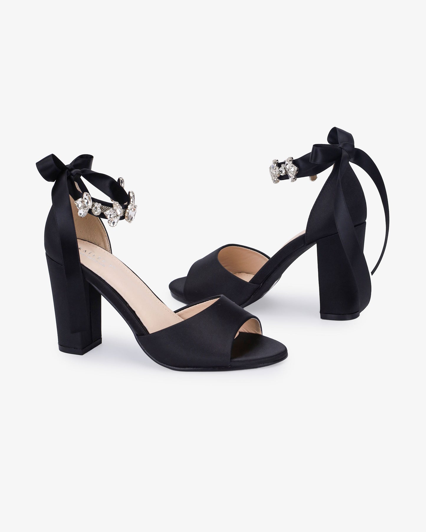 Satin Block Heel Evening Sandals with Navette Cluster Rhinestones Strap