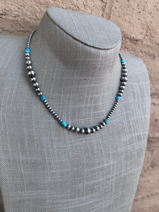 Handcrafted Sterling Silver & Kingman Turquoise 3-8mm Beaded Necklace