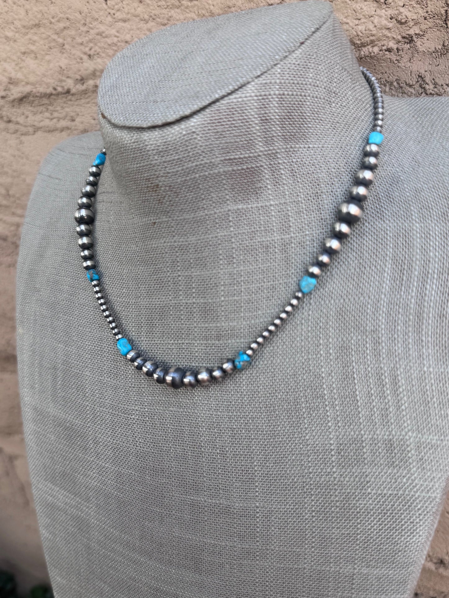 Handcrafted Sterling Silver & Kingman Turquoise 3-8mm Beaded Necklace