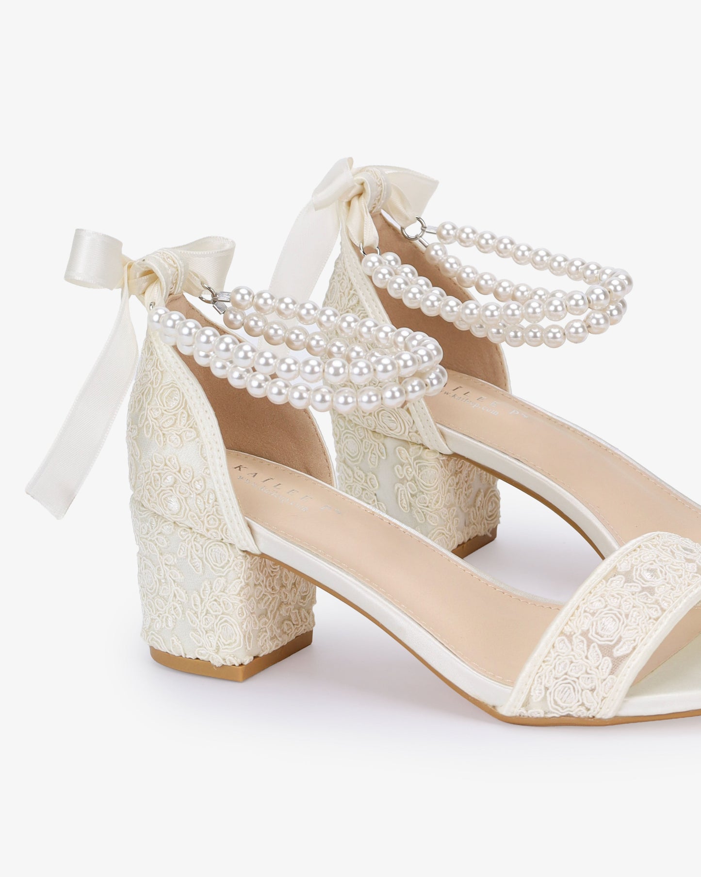 Crochet Lace Block Heel Wedding Sandals with Double Pearl Ankle Strap