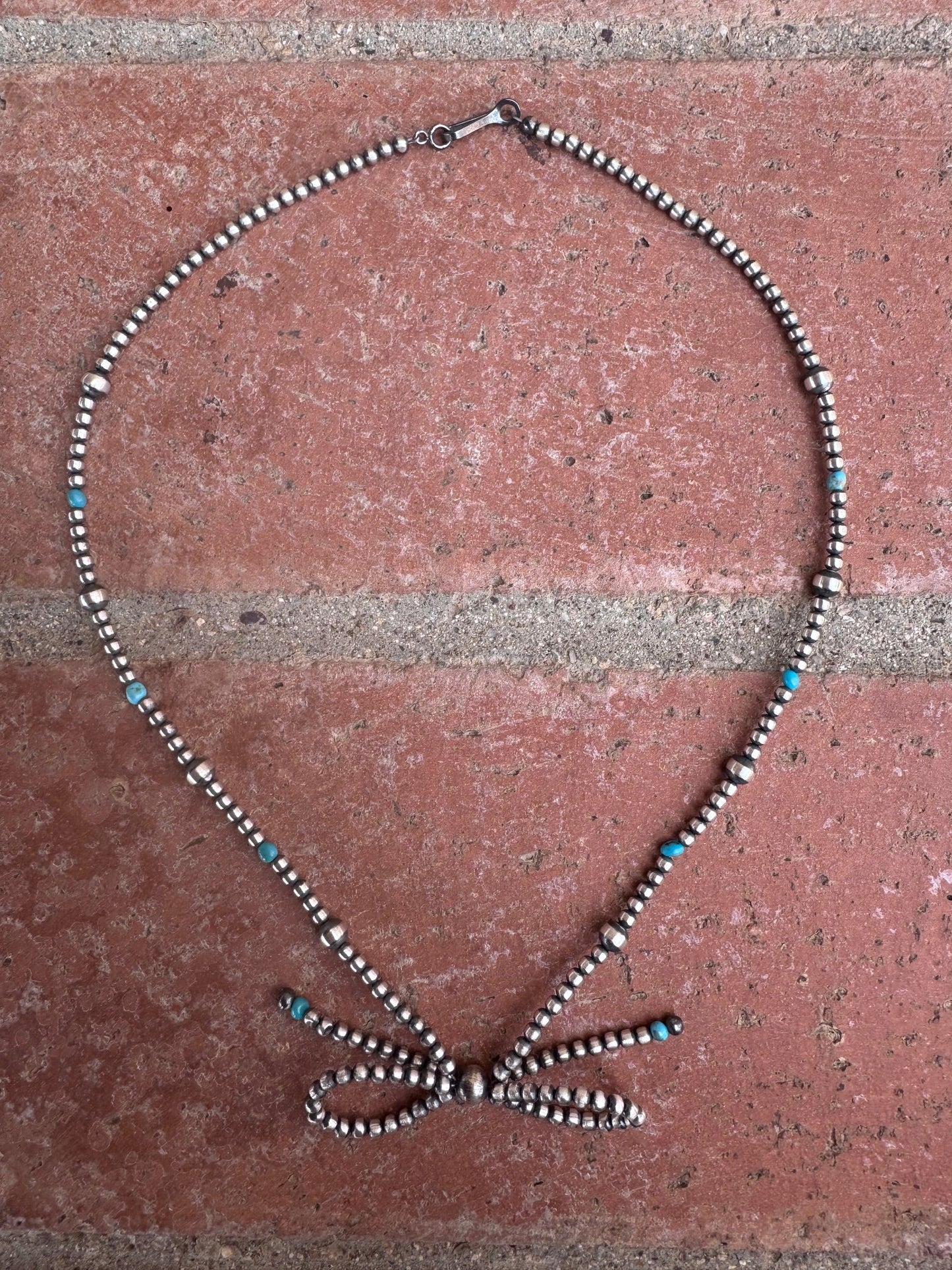 Handcrafted Sterling Silver & Turquoise Pearl 3-8mm Beaded Bow Tie Necklace 18"