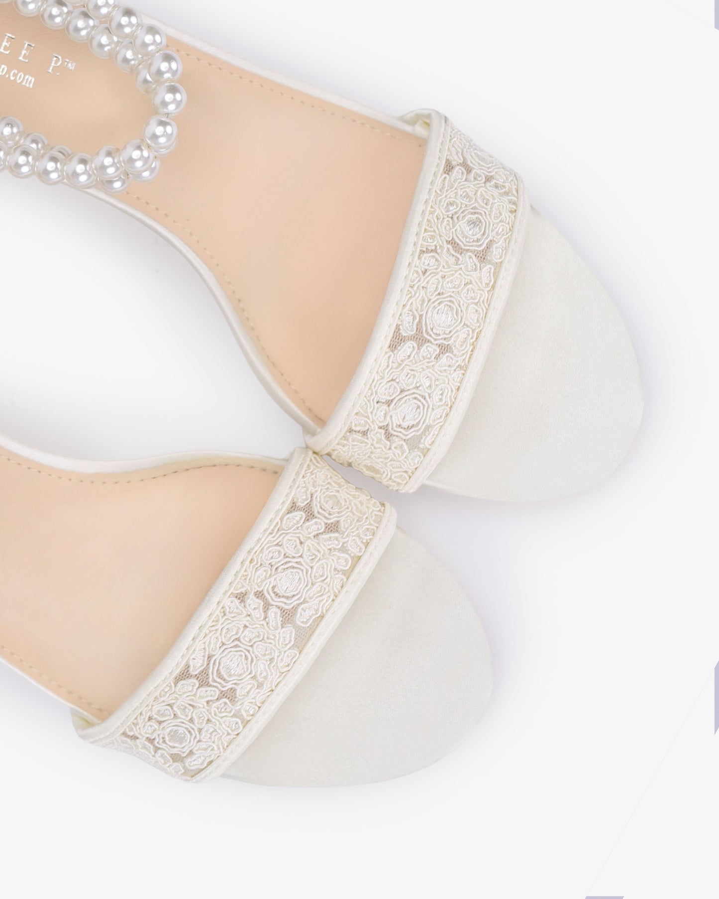 Crochet Lace Block Heel Wedding Sandals with Double Pearl Ankle Strap