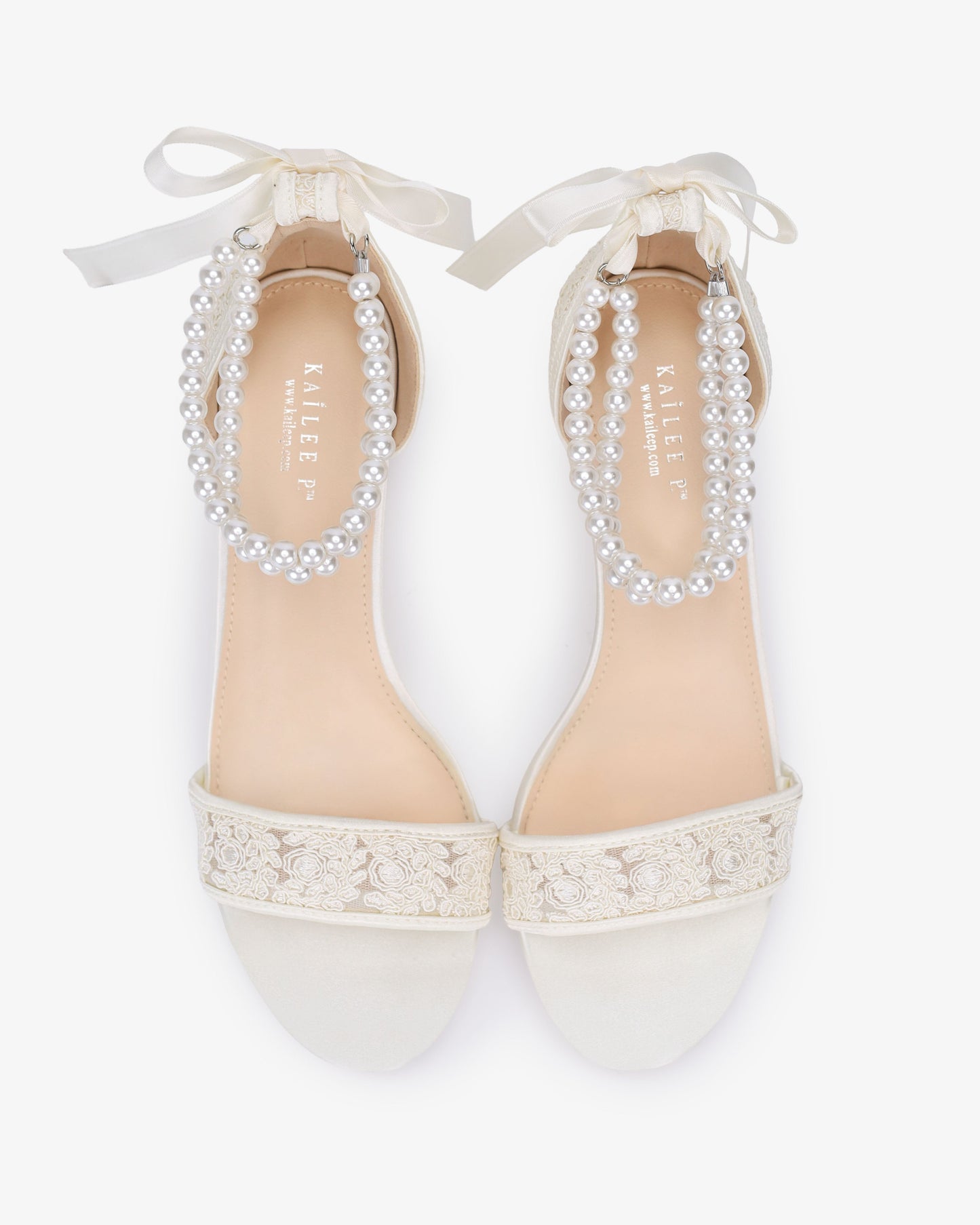 Crochet Lace Block Heel Wedding Sandals with Double Pearl Ankle Strap
