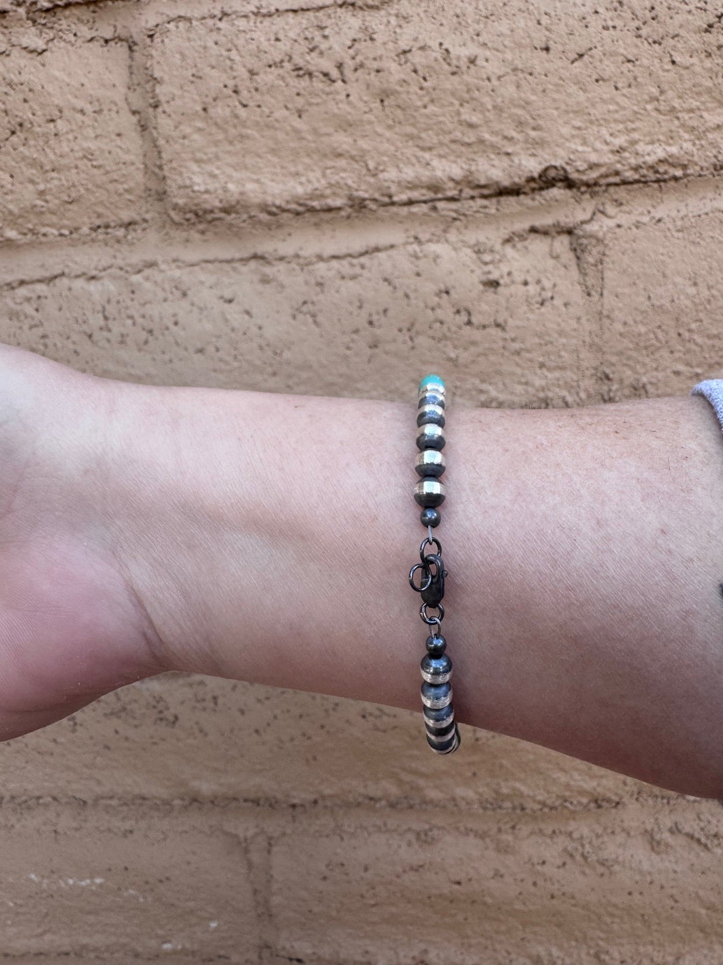 Handcrafted Sterling Silver and Turquoise 5mm Beaded Bracelet 7"