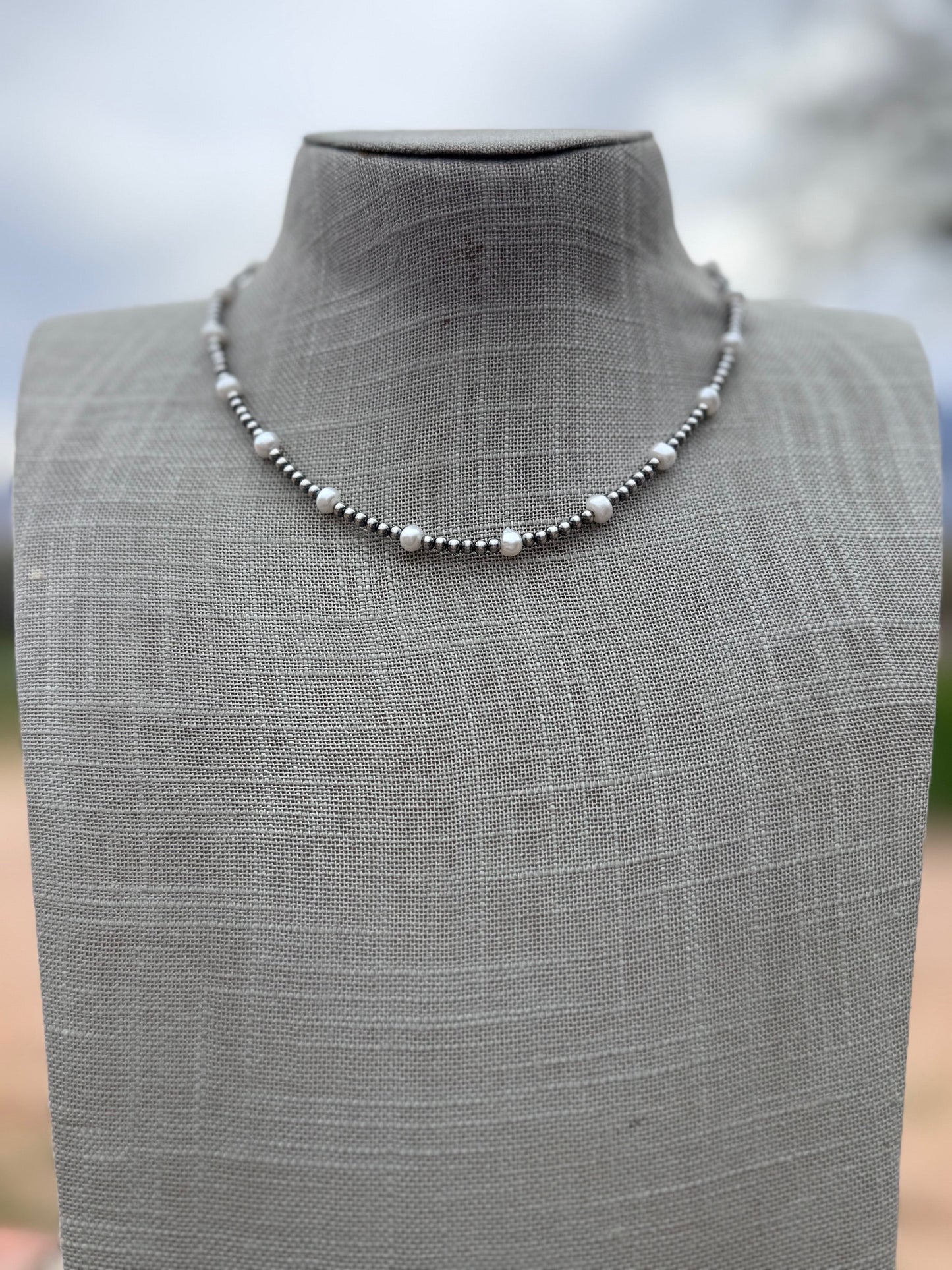 Handcrafted Freshwater Pearl & Sterling Silver Pearl 3mm Beaded Necklace 16"