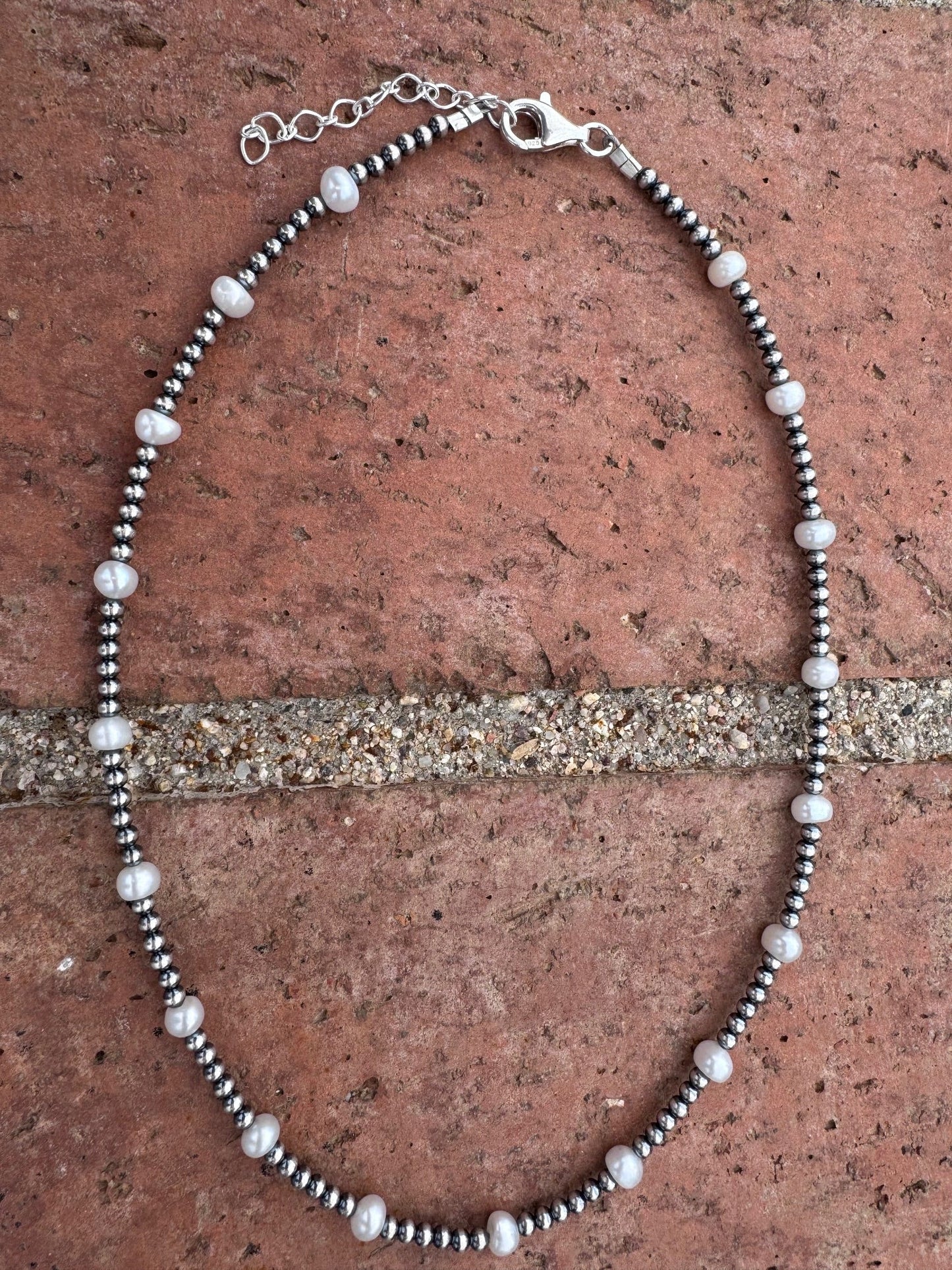 Handcrafted Freshwater Pearl & Sterling Silver Pearl 3mm Beaded Necklace 16"