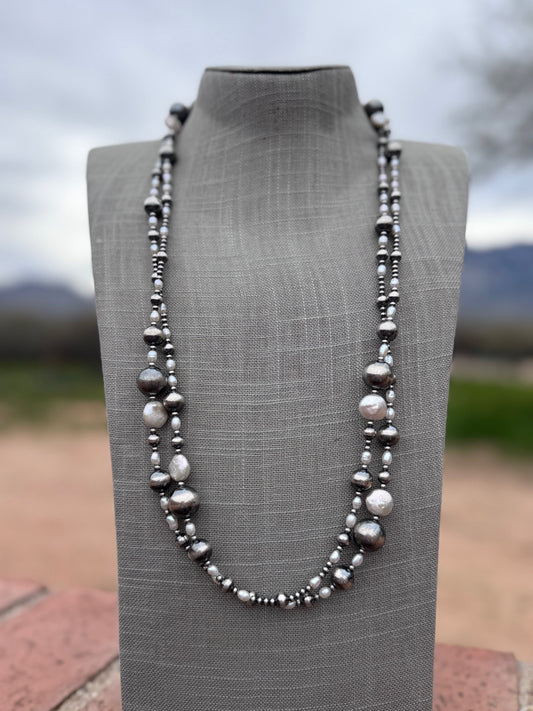 Handcrafted Freshwater Pearl & Sterling Silver Pearl 3-14mm Beaded Necklace 58"